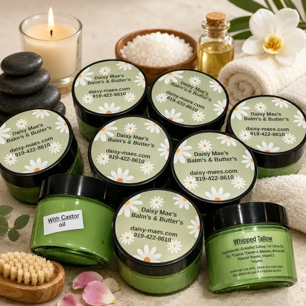 Handcrafted body butter jars from Daisy Mae's